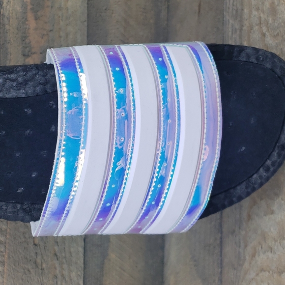 adidas Adilette Boost Men's Premium Sandals Slides Black Iridescent - Picture 9 of 10